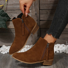 Load image into Gallery viewer, Women&#39;s Fashionable Low-heel Pointed-toe Boots In Brown Color With Double Zipper Design
