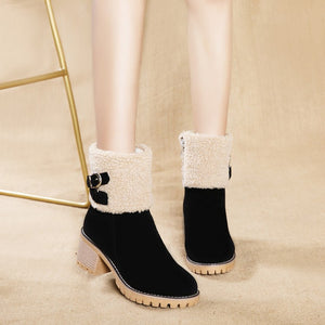Women's thick heel leather buckle warm boots