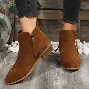 Women's Fashionable Low-heel Pointed-toe Boots In Brown Color With Double Zipper Design